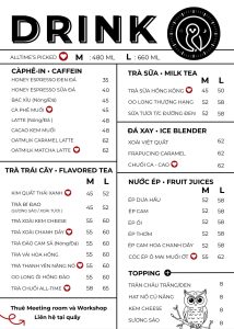 Menu nước tại AllTime Coffee
